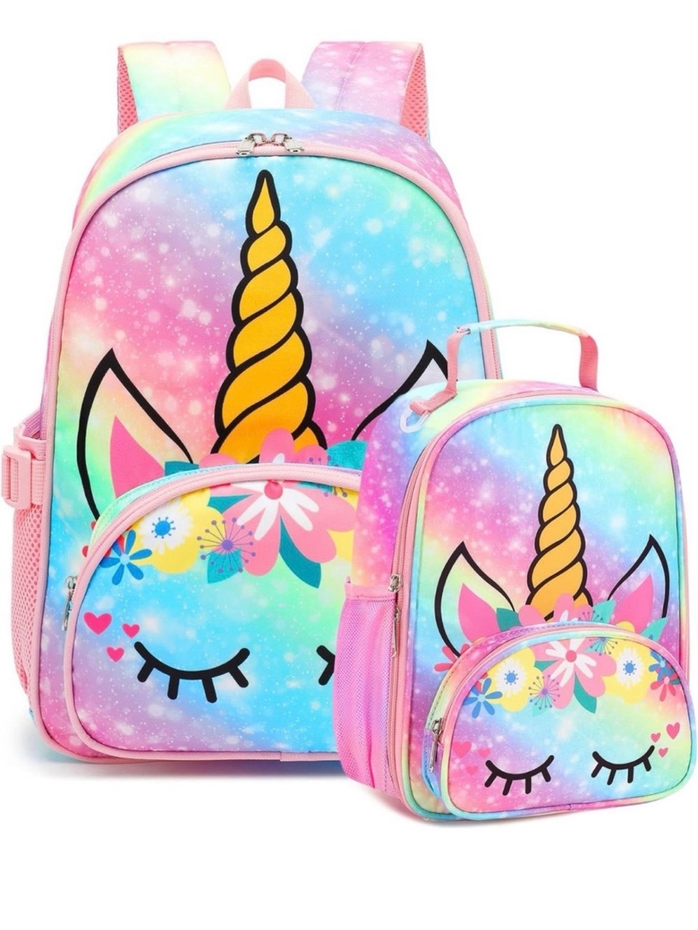 New Girls Unicorn Backpack and Lunch Bag Set - Pink Rainbow